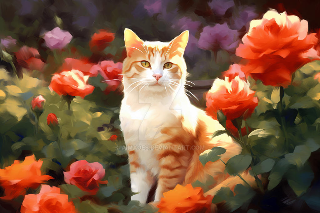 Cat Surrounded By Roses Cat in the rose garden - Digital painting style by AImages on DeviantArt