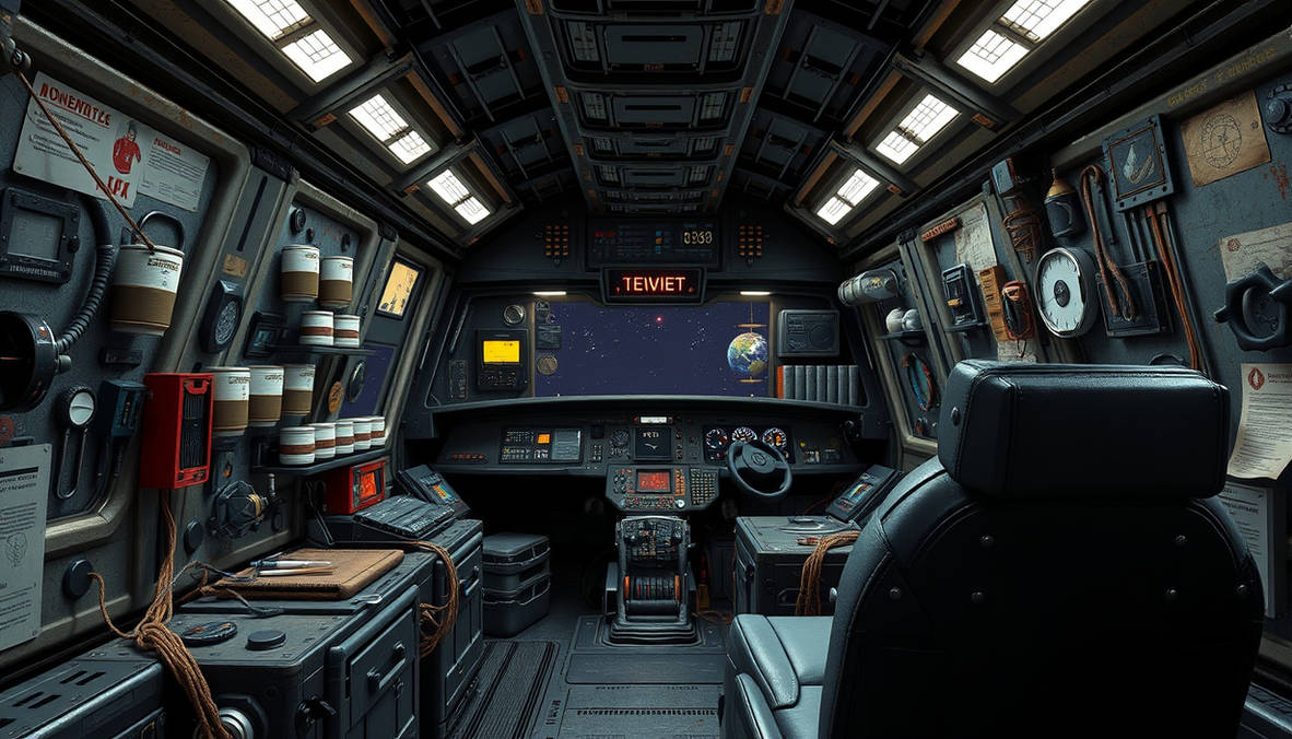 Interior flight deck of futuristic cargo spaceship