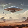 Flying Saucers (UFOs) over desert - DreamUp