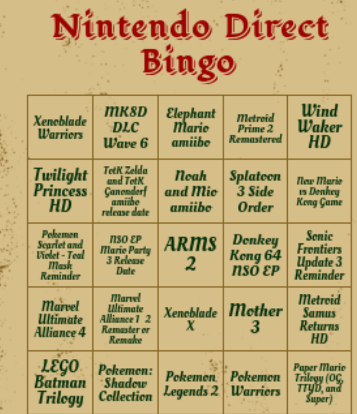 June 2023 Nintendo Direct Bingo Card