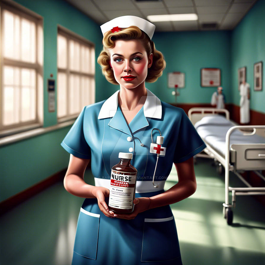 Classic 1950s nurse holding a bottle of medicine i