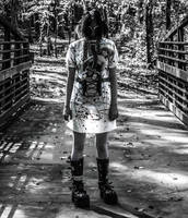 GasMask Girl on Bridge Portrait