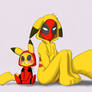 Pikachu and Deadpool in onesies of each other