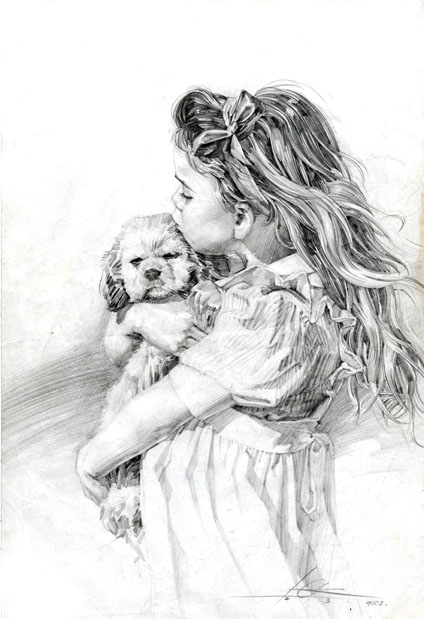 Girl And Dog Pencil Drawing