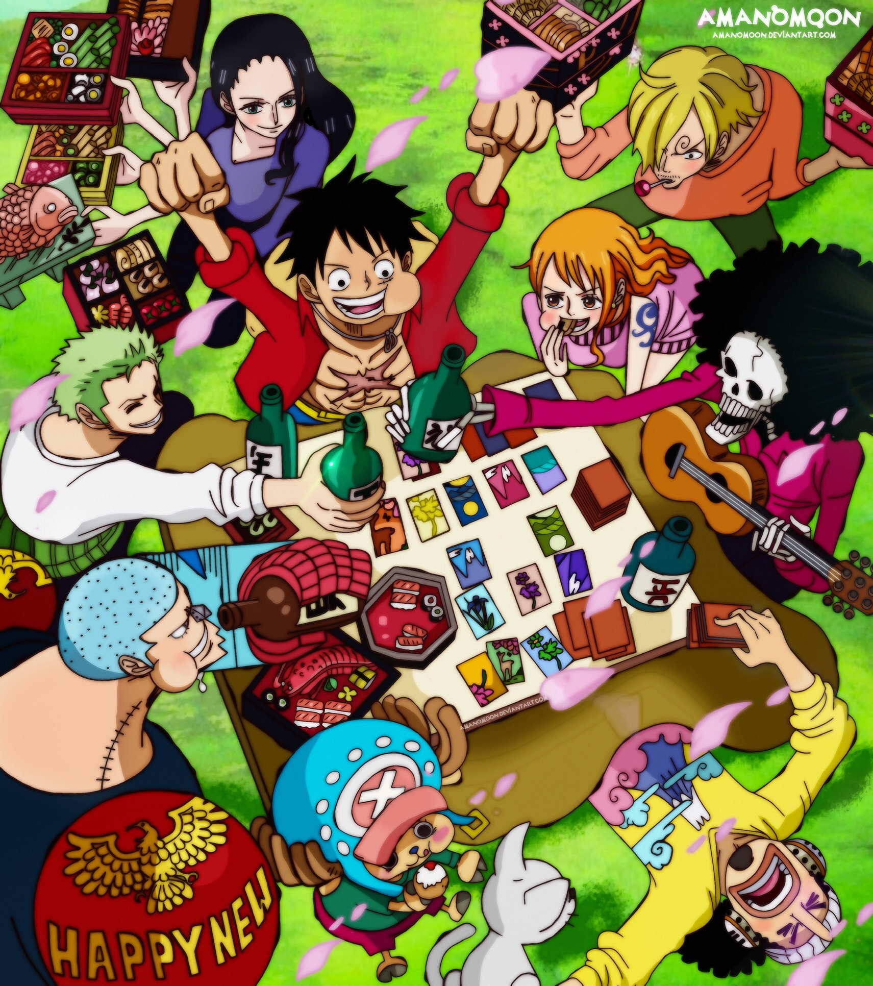 One Piece Straw Hat Pirates Anime Style Artwork by Amanomoon on
