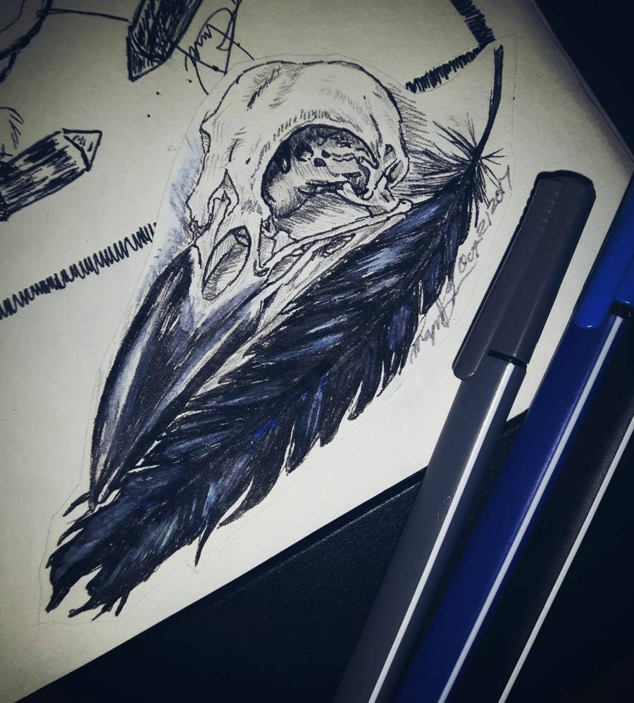 Raven Skull and feather tattoo