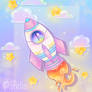 Cute Kawaii Space Ship in Cloudy Sky