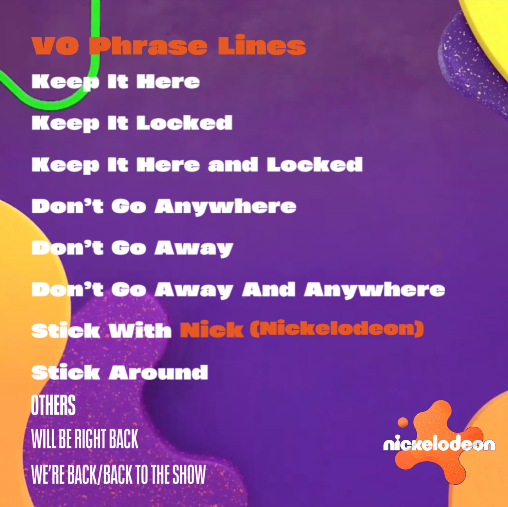 Nickelodeon (Nick) VO Phrase Lines Splat 2023 Era by MarkPipi on DeviantArt