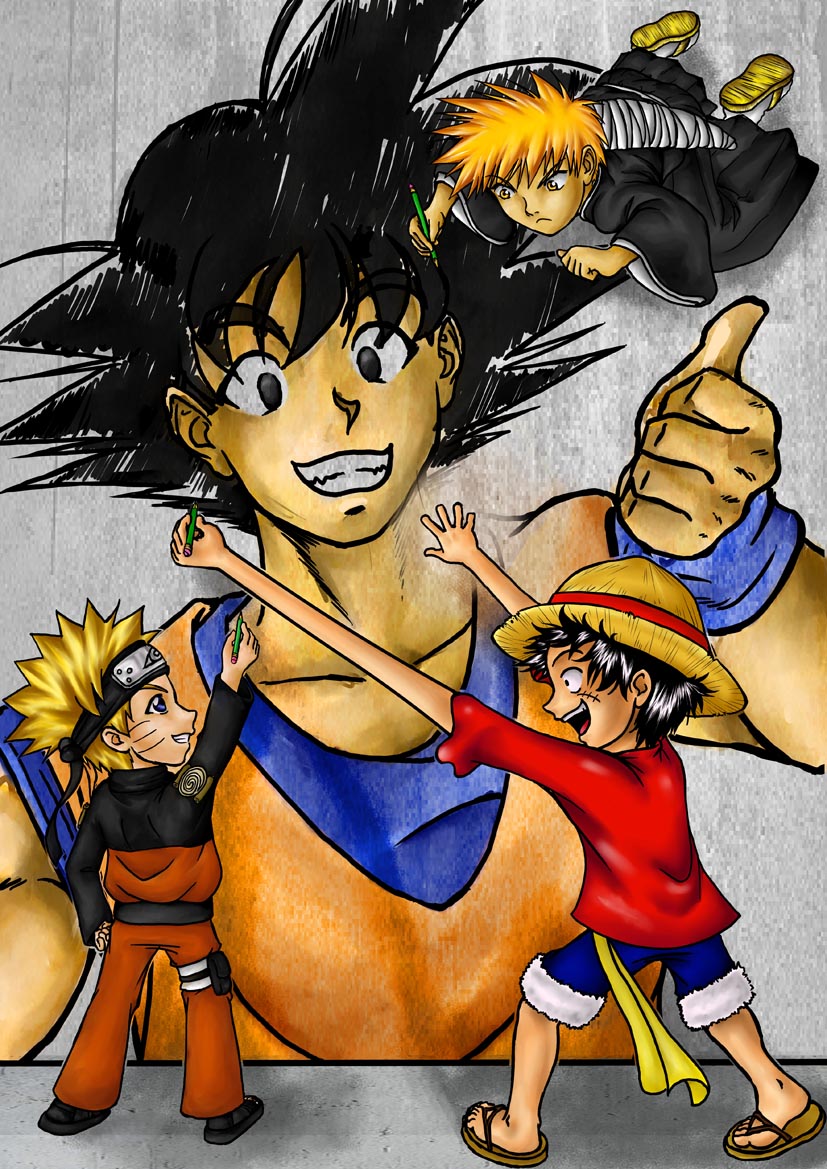 Naruto Luffy e Ichigo homenagiando Goku by Eijinet on DeviantArt