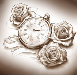 Timepiece and Roses Tattoo design