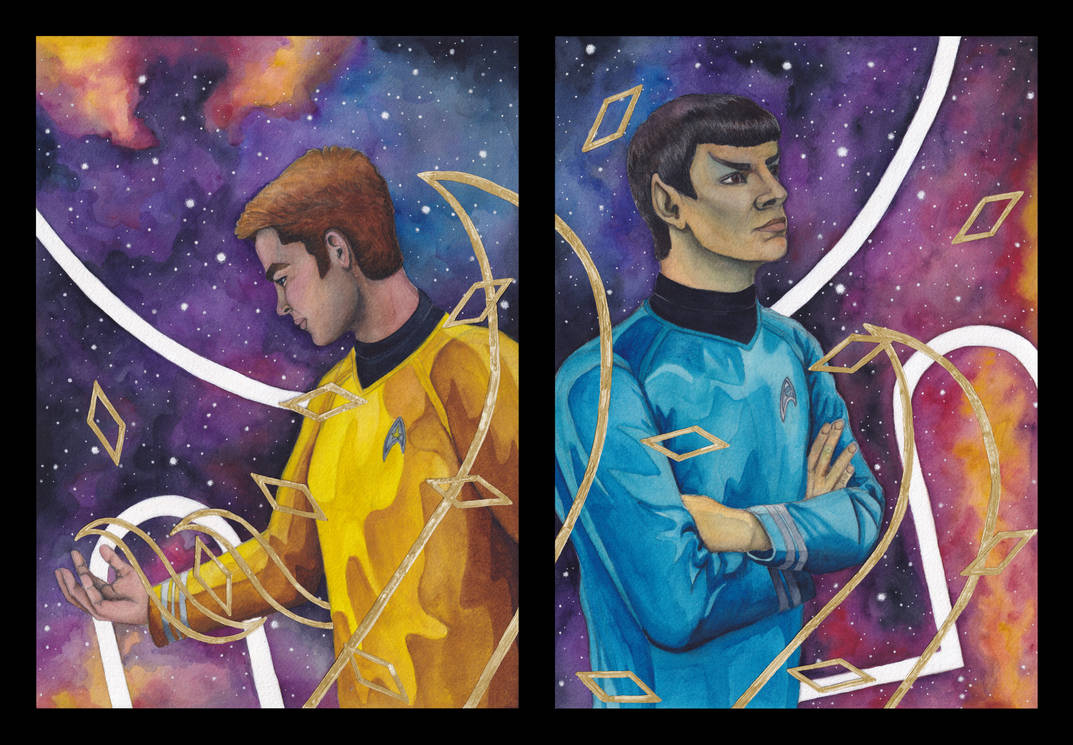 Captain Kirk and Mr Spock portraits against a nebula surrounded by metallic gold swirls