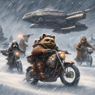 Group of Star Wars Ewok creatures riding motorcyc by douglass707