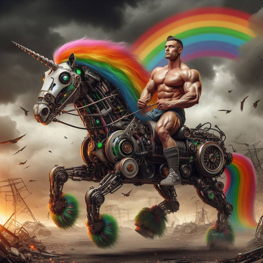 Hacker Man Ranbow Bodybuilder Man Riding Rainbow Unicorn Robot by BadgerCMYK on DeviantArt