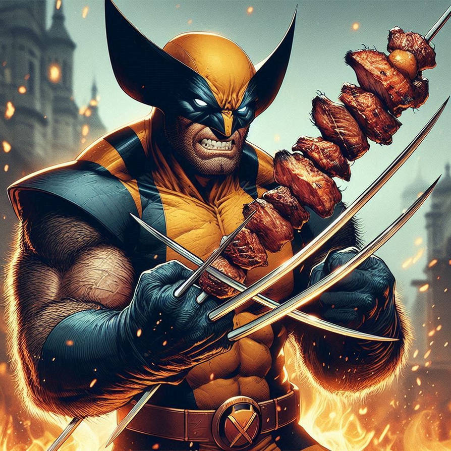 Wolverine cooking meat chunks skewered on claws by BadgerCMYK on DeviantArt