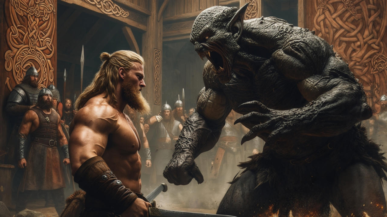 Beowulf fights Grendel in Mead Hall by BadgerCMYK on DeviantArt