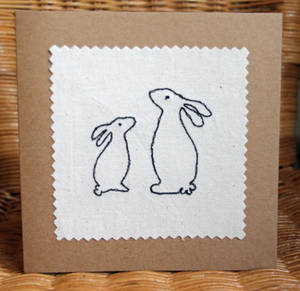 Rabbits looking up - handmade embroidered card