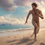 Nude man runing on the beach