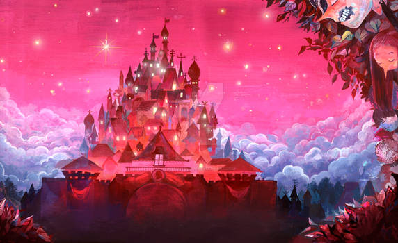 Pink castles under the pink sky, and a people neck