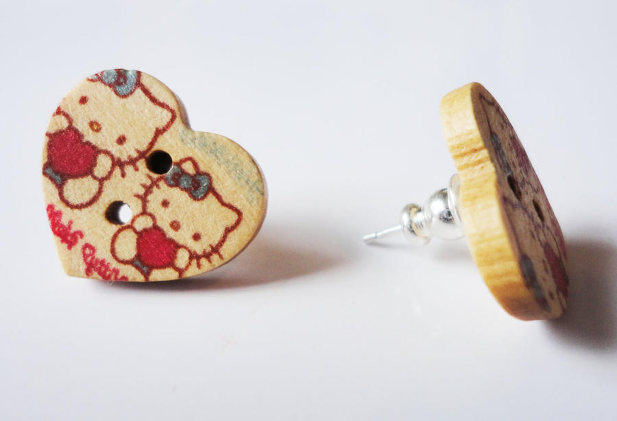 Heart Shaped Wooden Button Hello Kitty Earrings