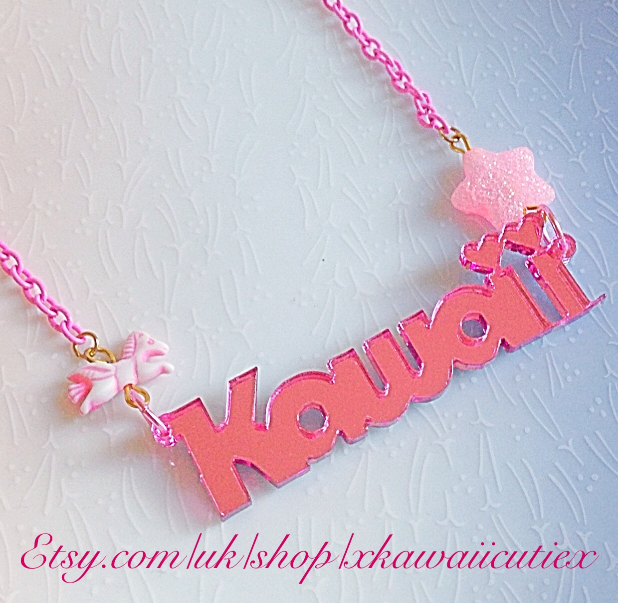 Kawaii Necklace, Pink Mirror Word Statement Piece