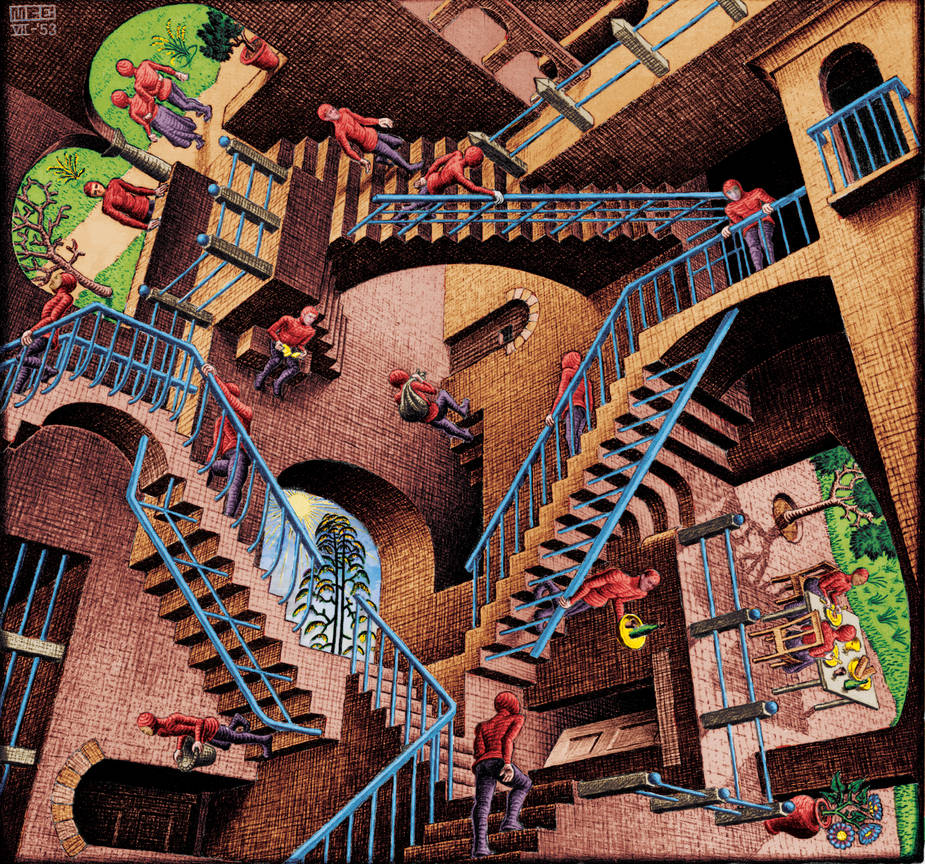 Relativity by MC Escher in colour by ozplasmic on DeviantArt