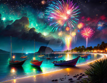 New Year. Fireworks in the Beach. AI generated (14