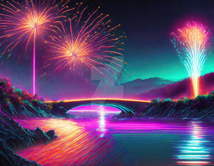 Fireworks bridge over the river. AI generated (1)