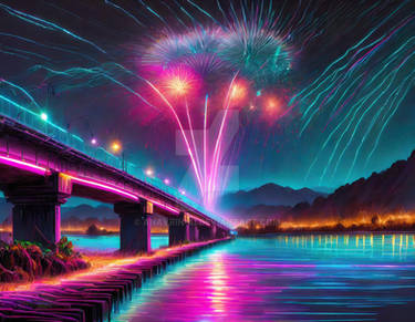 Fireworks bridge over the river. AI generated (4)