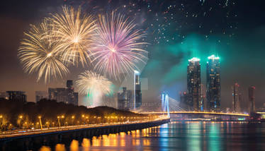 New Year. Fireworks in the city at night. AI gener