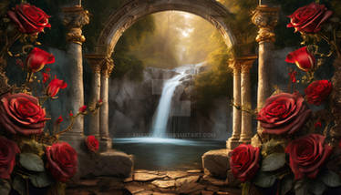 Rose flowers  and a waterfall in front of an arch.