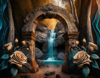 Rose flowers and a waterfall in front of an arch. by anavrin-ai on ...