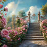 A garden with pink roses and a stone staircase AI 