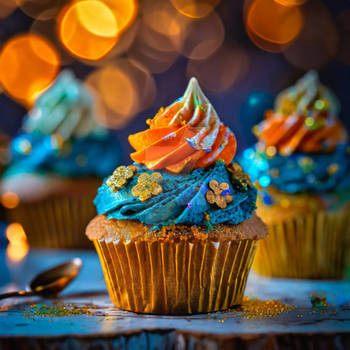 Cupcakes with blue and orange decorations. AI gene