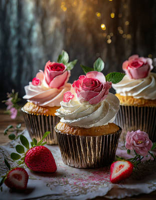 Cupcakes with strawberries, white and pink decorat