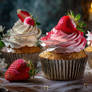 Cupcakes with strawberries, white and pink decorat