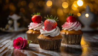 Cupcakes with strawberries, white and pink decorat