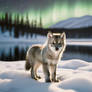 Winter night landscape  with a cute wolf cub. AI g