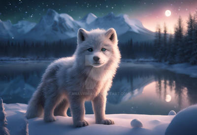 Winter night landscape  with a cute wolf cub. AI g