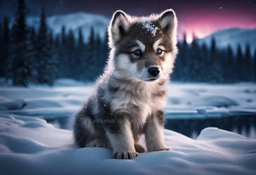 Winter night landscape  with a cute wolf cub. AI g