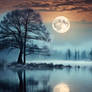 Full moon over the lake with tree and red sky. AI 