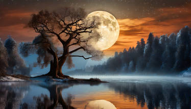 Full moon over the lake with tree and red sky. AI 