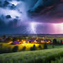 Thunderstorm with lightning bolts in the sky. AI g