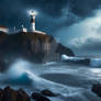 Storm over the sea with a lighthouse ans a boat. A