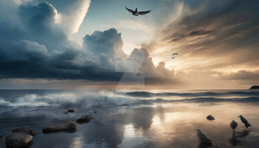 Storm over the ocean with a bird flying at sunset.