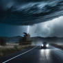 A Hurricane is on the road approaching a car. AI g