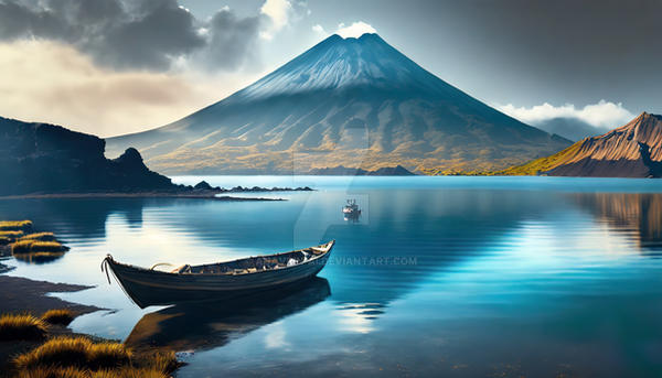 A volcano, a lagoon and a boat. AI Landscape gener