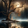 Full moon over the lake with tree and red sky. AI 