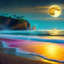 Beach landscape, full moon over the sea. AI art ge