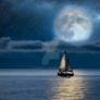 Night Landscape. Full Moon over the ocean, sail bo