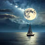 Night Landscape. Full Moon over the ocean, sail bo